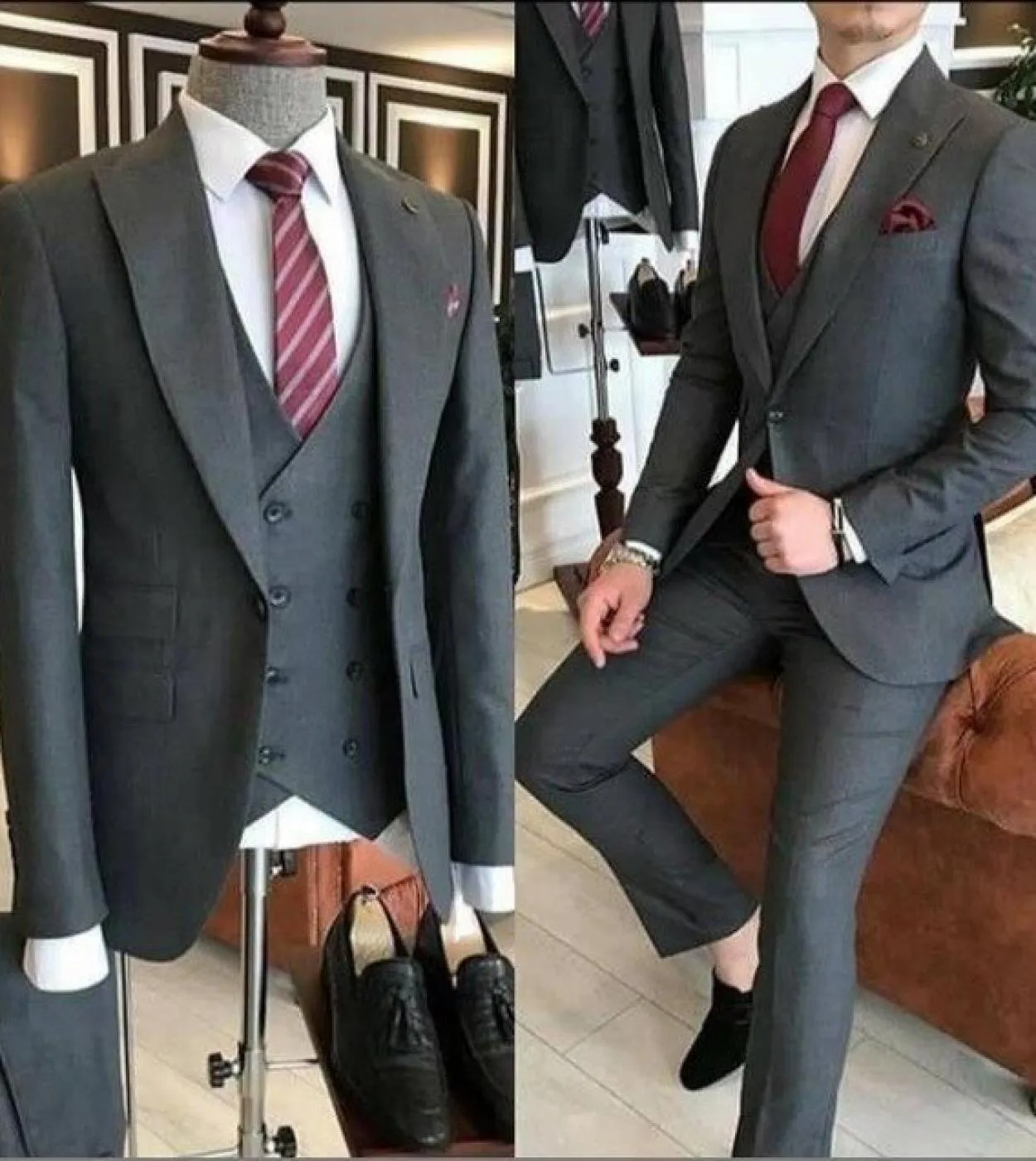 2022 Business Navy Blue Men Suits With Pants 3 Piece Groom Suit Smoking Tuxedo Jacket Wedding Suits For Men Best Man Bla
