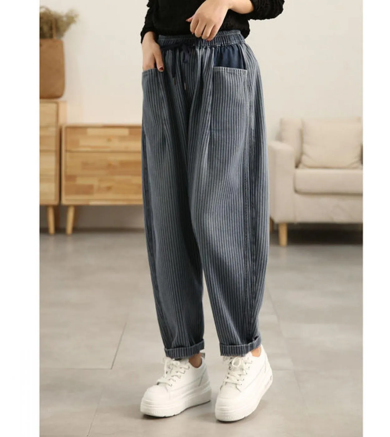 2022 Primavera Estate Nuove Donne di Stile di Arti Elastico In Vita Della Banda Jeans Larghi Tutti Abbinati Casual Cotone Denim