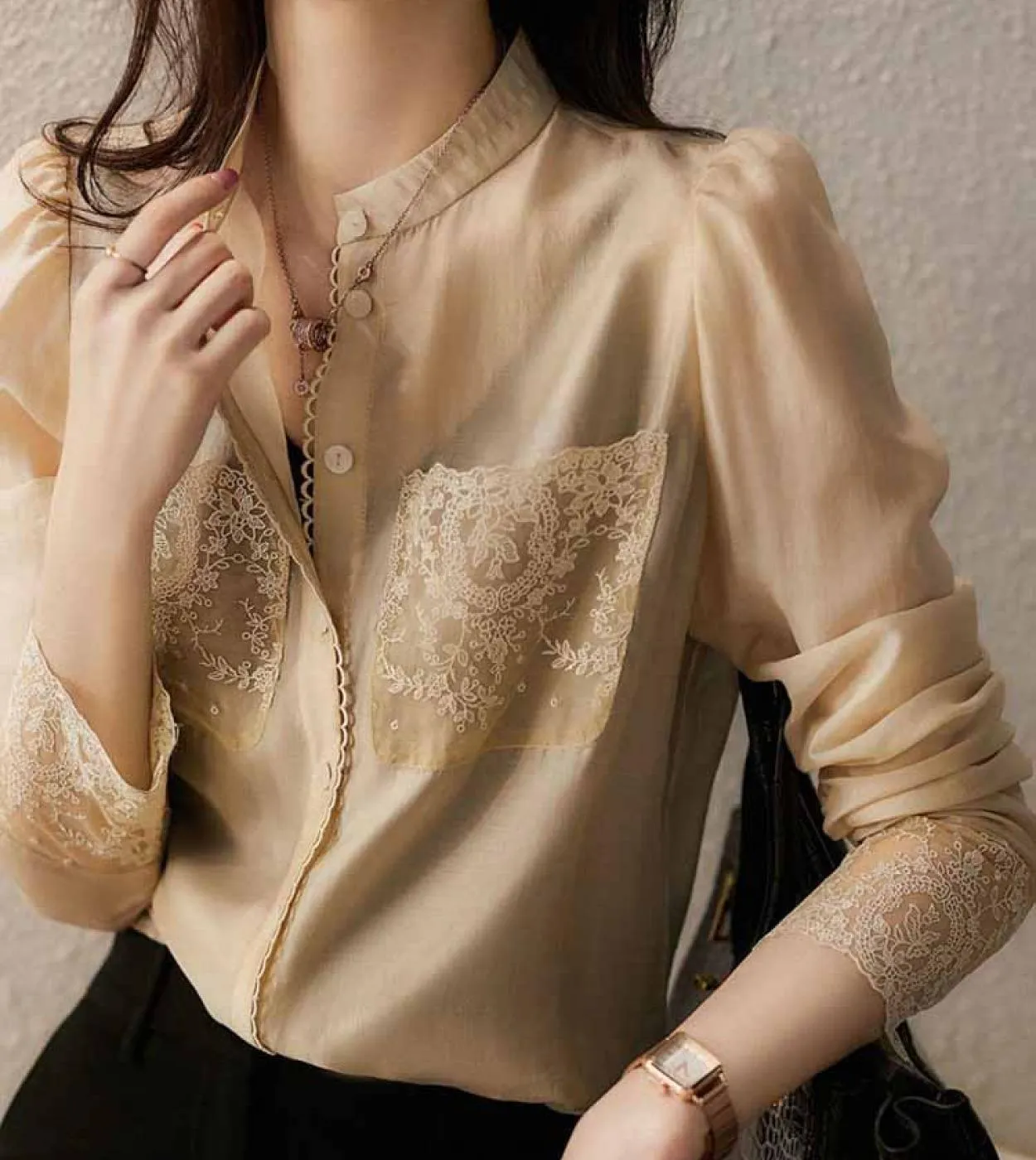 Camicette in chiffon con ricami in pizzo alla moda Elegante camicia da donna da ufficio con tasche Top da donna con bottoni Abit
