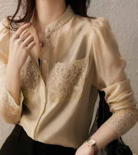Camicette in chiffon con ricami in pizzo alla moda Elegante camicia da donna da ufficio con tasche Top da donna con bottoni Abit