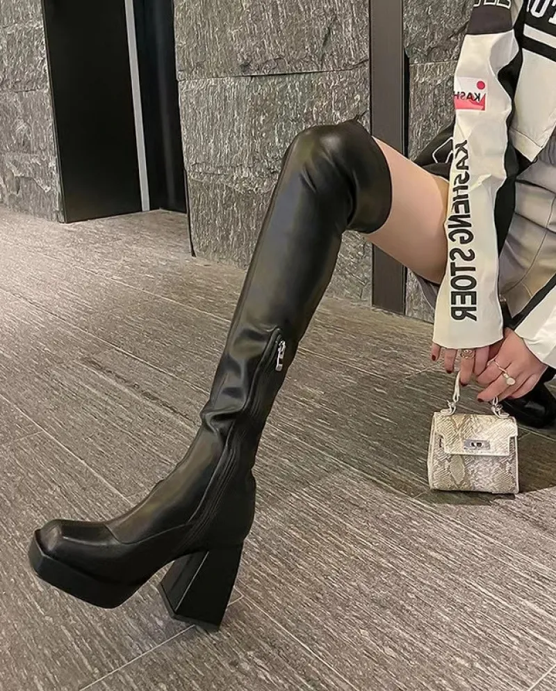 Elastic Boots Over-the-knee Boots For Women In Autumn And Winter New Waterproof Platform Thick-soled Slim Boots High-hee