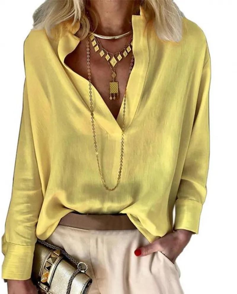 Elegante camicetta da donna con scollo a V colletto alla coreana vestibilità ampia tinta unita manica lunga casual pullover sott