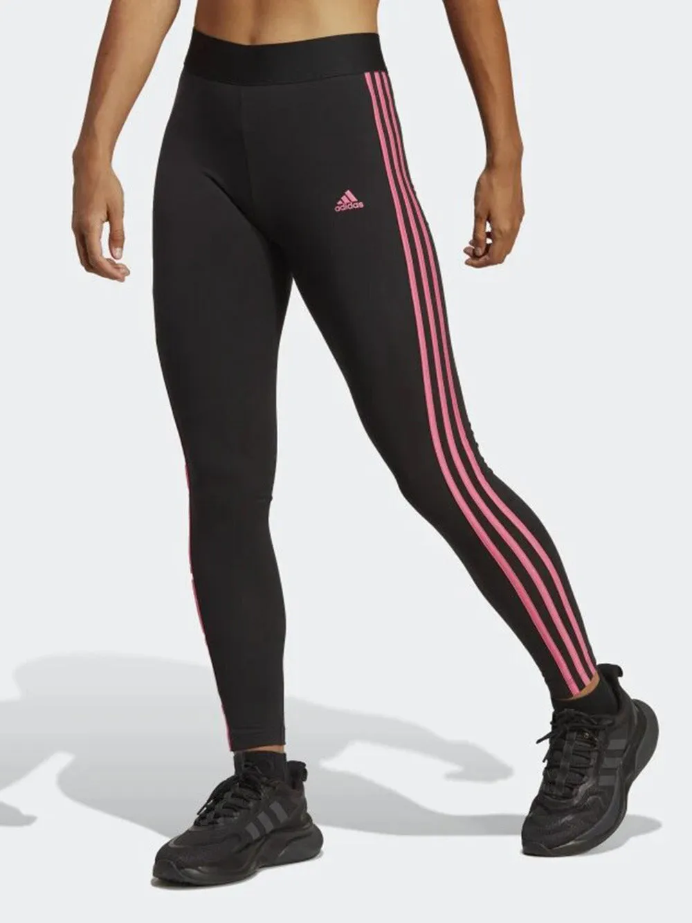 Leggings Adidas in cotone stretch con 3 strisce nero fuxia