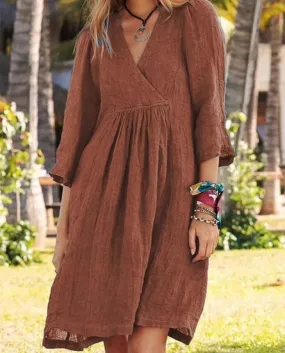 Moda Office Commuter Loose Pullover Abiti Donna Casual Solid Cotton Linen Dress Elegante scollo a V 34 manica Mini parte