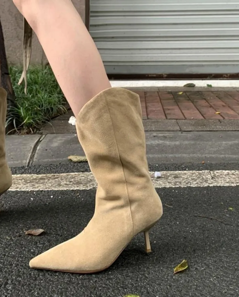 Pointed Toe Mid-calf Boots For Women, Thin Heel, Autumn And Winter V-mouth Mid-heel Boots, Frosted Large-collar Boots