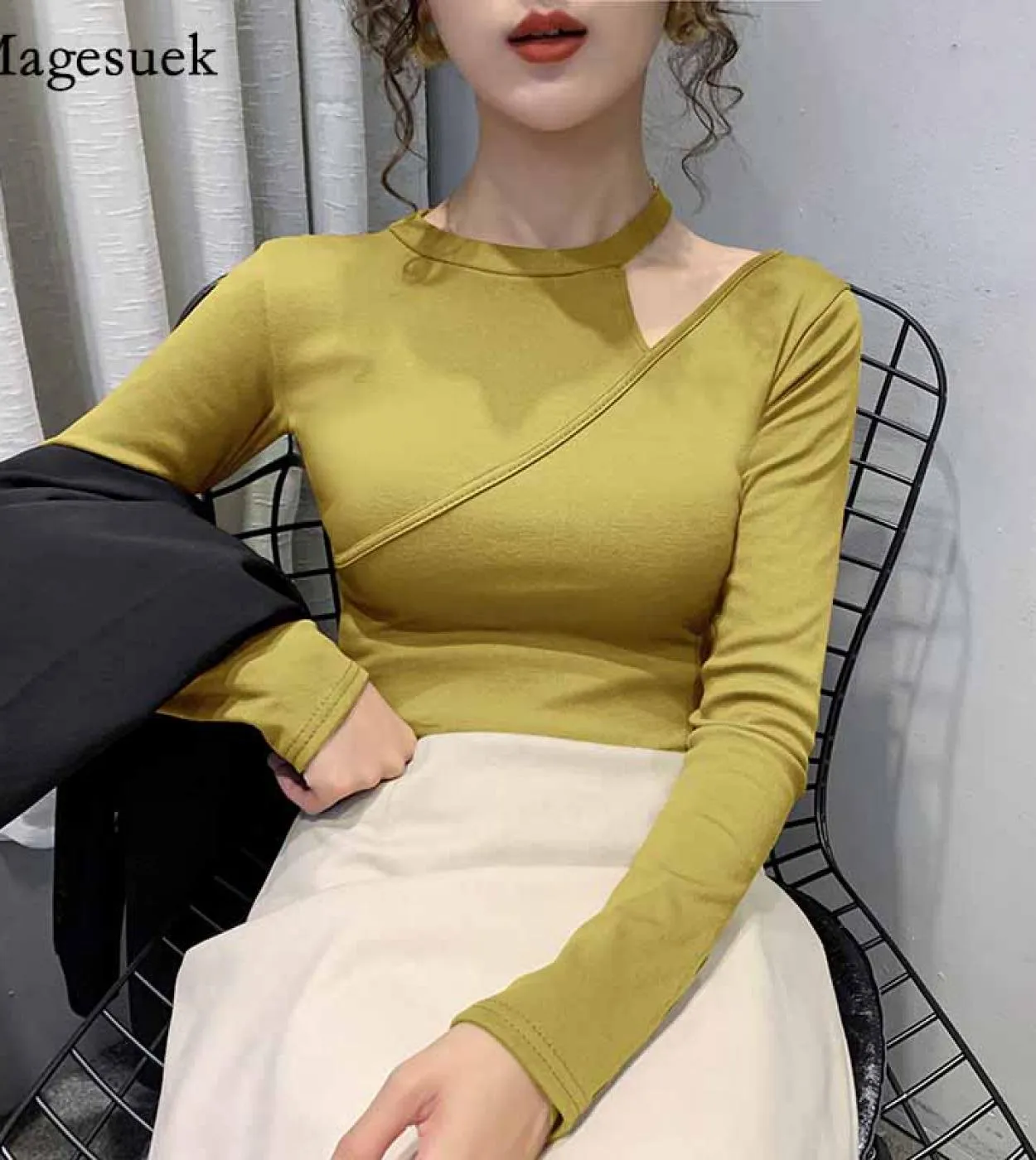 Splicing Show Clavicle Slim Top Solid Pullover Bottoming Shirt Autunno manica lunga in cotone Oneck Camicetta da donna Blusas 11