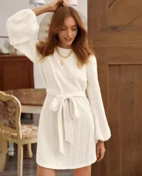 Women Solid Color O Neck Casual Mini Dress Autumn Winter Elegant Fairy Strappy Sweater Party Club Long Dresses Clothe 20