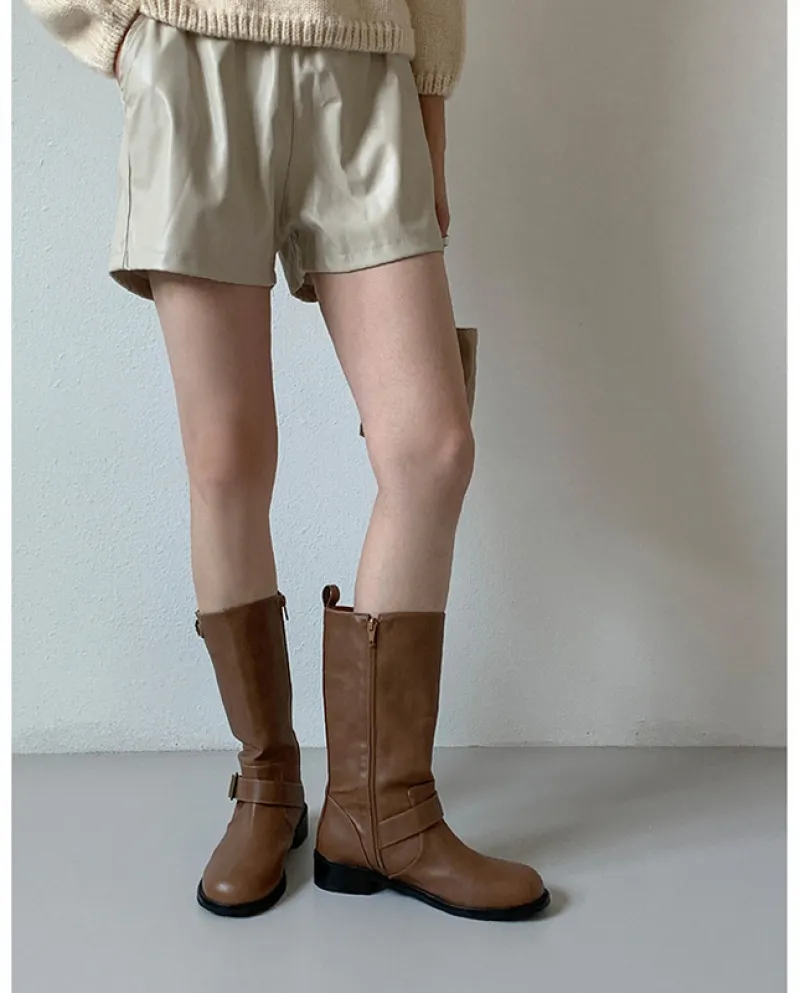 Women's Shoes Belt Buckle Mid-calf Knight Boots Low Heel Round Toe Side Zipper Casual Women's Boots Shindongdaemun